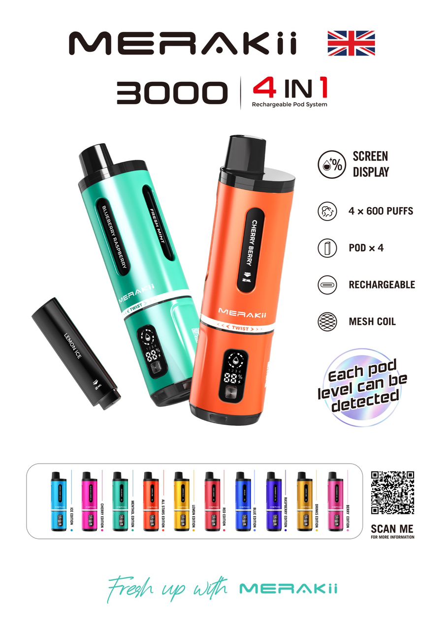 Merakii 3000 Puffs Disposable Vape 4 in 1 Pod System Kit - Clouds Vapes